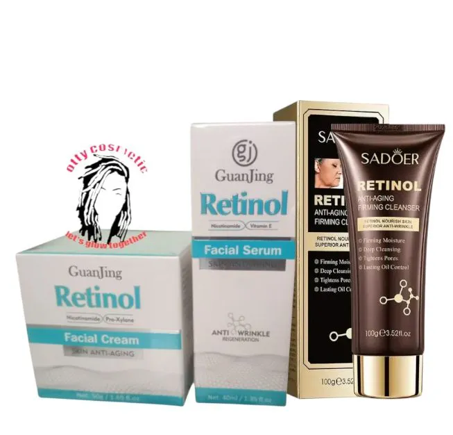 Guanjing RETINOL Anti-Aging Facial CREAM + Anti-Wrinkle Face SERUM.  Removes Wrinkles, Smooths, Firms, Promote skin elasticity & Moisturizes( FREE RETINOL FACE CLEANSER)-3pcs