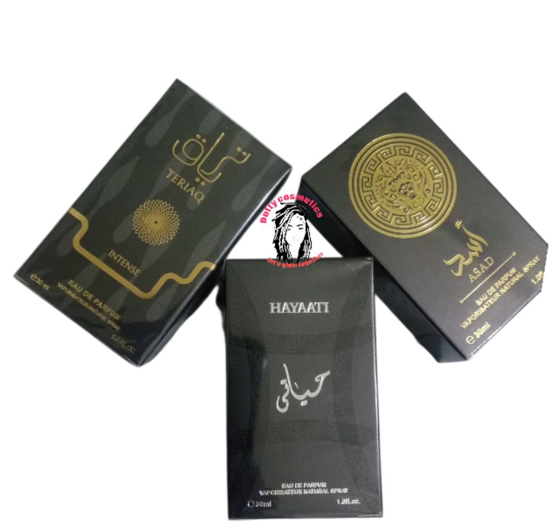 3pcs Luxury Arabic Perfume Set – Teriaq Intense+Asad +Hayaati  Long Lasting Fragrance for Men  30mL