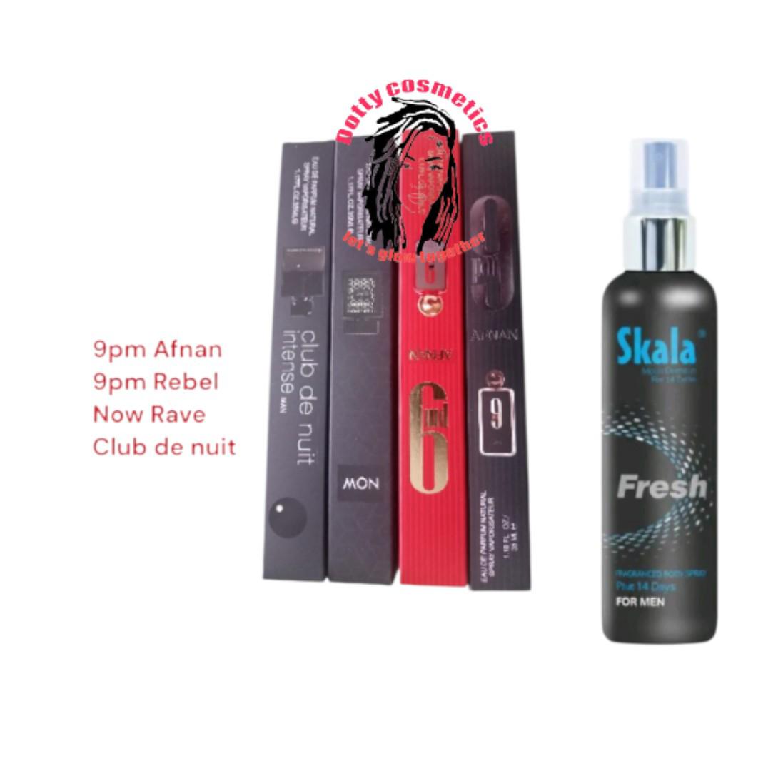 9pm AFNAN BLACK + 9pm REBEL +NOW RAVE FOR MEN + CLUB DE NUIT INTENSE MAN  PERFUME 35ML EACH + SKALA BODY SPRAY 50ML. MEN TRENDING PERFUMES  . SMELL GOOD ON A LOW BUDGET