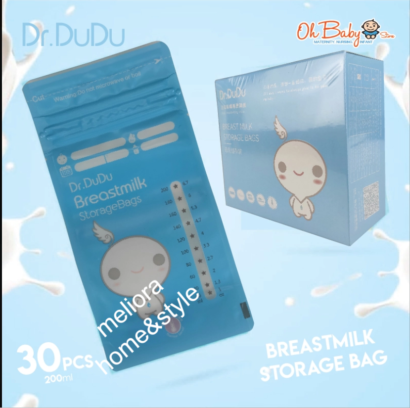 Dr.DuDu Breast Milk Storage Bags – 200ml Leak-Proof Double Zipper Baby Milk Storage Pouch | BPA Free, Pre-Sterilized & Freezer Safe (30 bags)