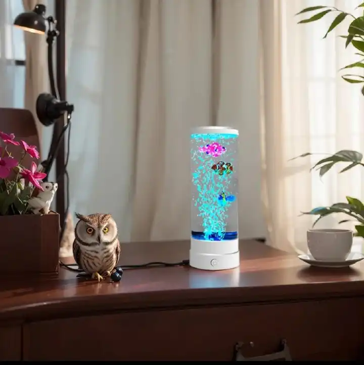 LED Bubble Fish Lamp Decor 1.5L Capacity – Multi-Color Changing Aquarium Night Light for Office, Bedroom, or Living Room – Battery Operated