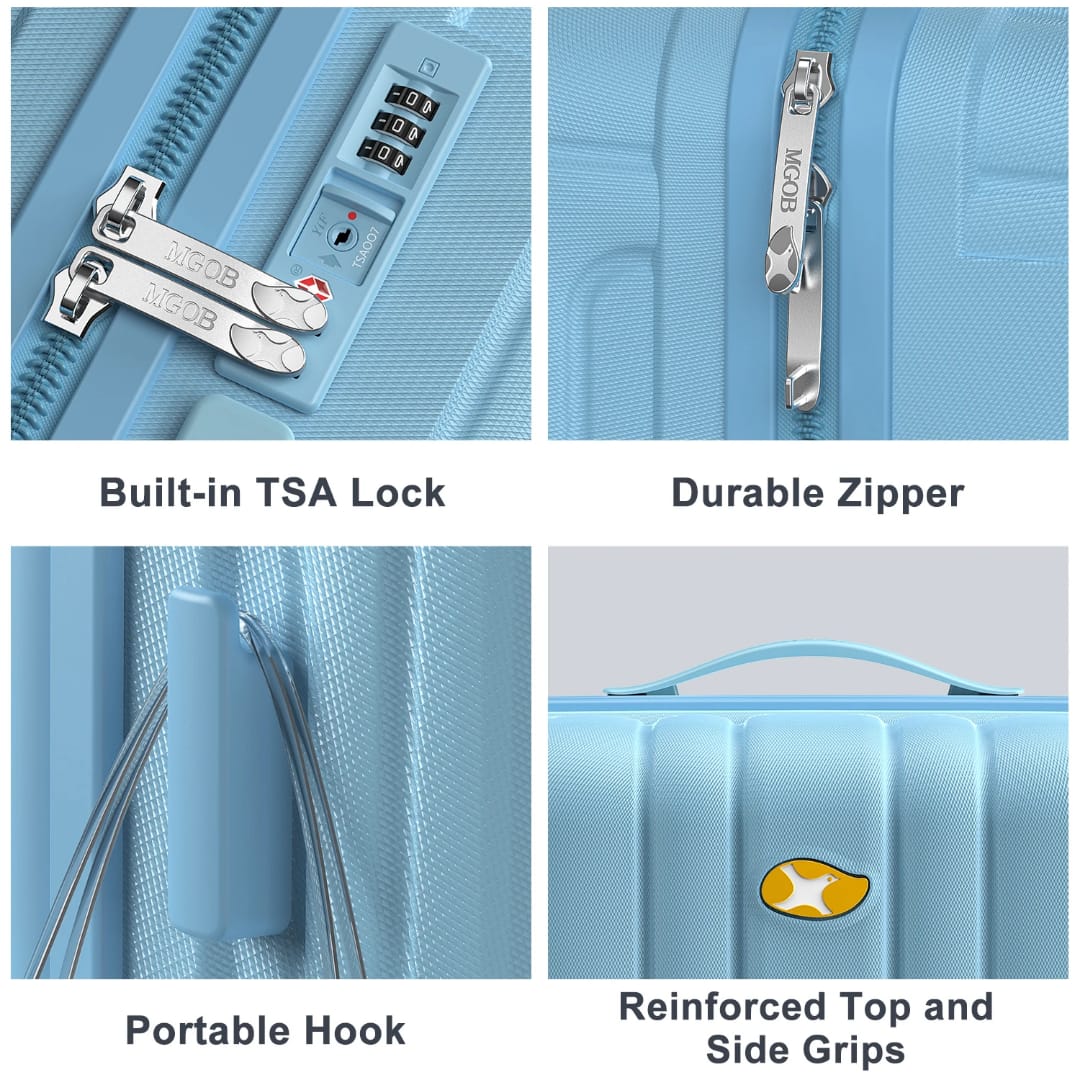 A Size 28  large suitcase. Made of unbreakable rubber.Has a double zipper. Has a  built-In TSA lock, a set of 360-degree wheels and a telescopic handle. Has a capacity of 23 Kg. Has a pinlock sy