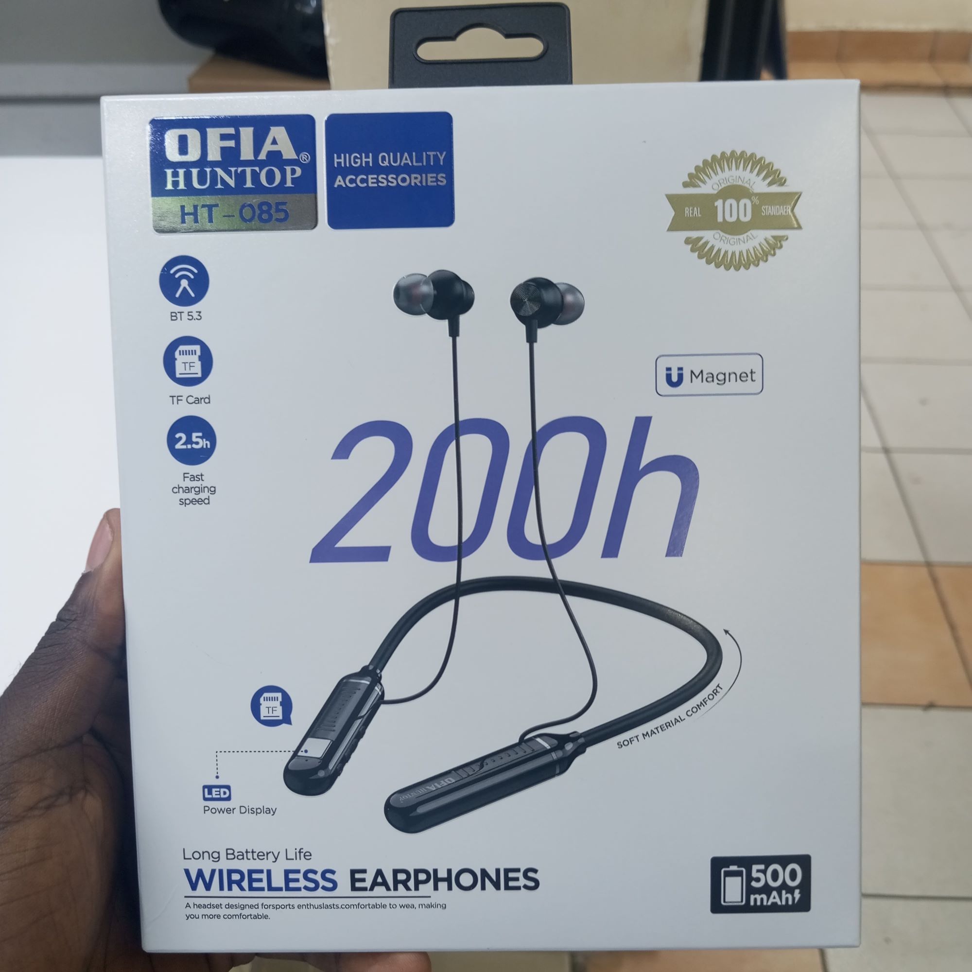 OFIA Huntop HT-085 Wireless Neckband Earphones – 200H Standby, 500mAh, LED Display