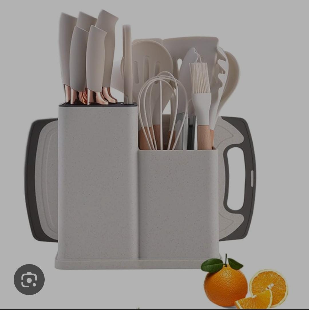 🎺New arrival🎉🎊🎊🥳🥳

🎋19pcs heat resistant silicone cooking  kitchen spoon set with knives and chop board now available @2900/= each set wholesale price🦋

🐞Available in   black,gray,peach cream