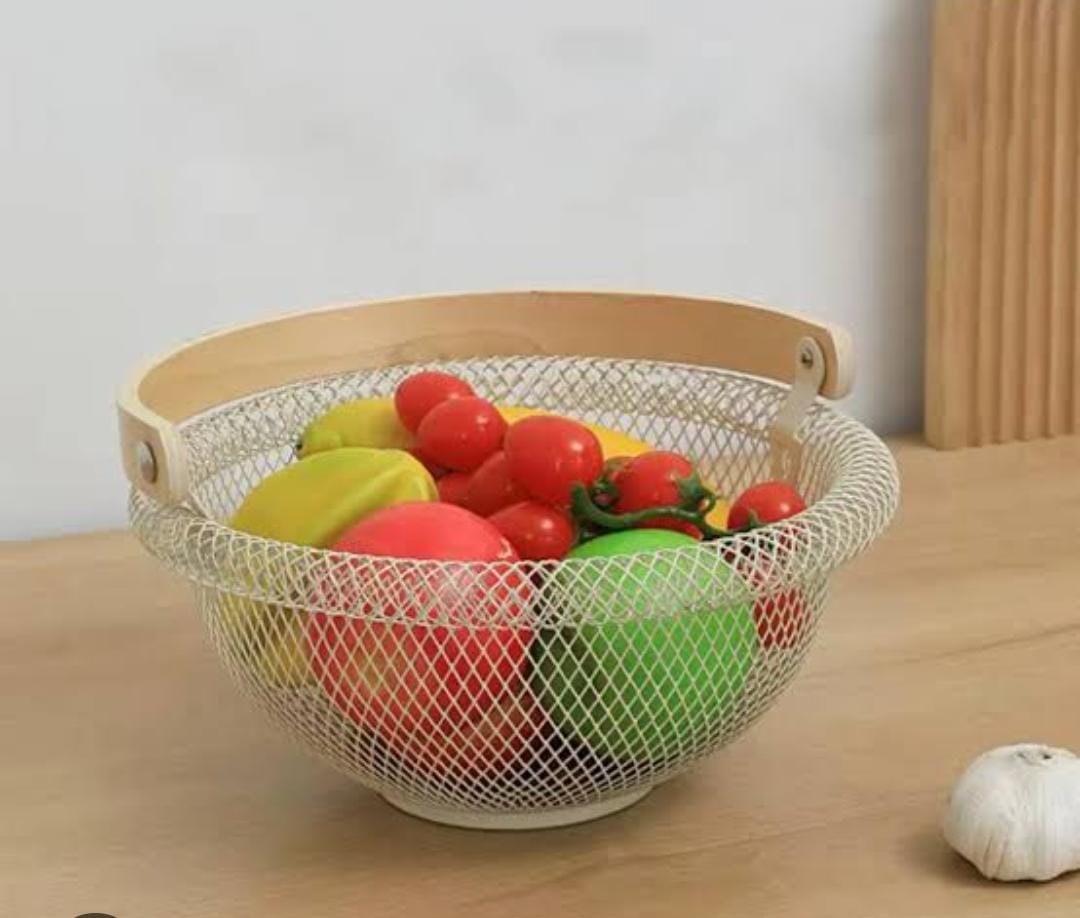 29cm brim rounded mesh fruit basket with bamboo handle