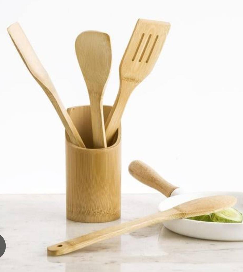 4PC BAMBOO COOKING SPOONS + HOLDER MWIKO SET GOOD FOR YOUR NON-STICK SUFURIAS AS THEY DO NOT SCRATCH THEM