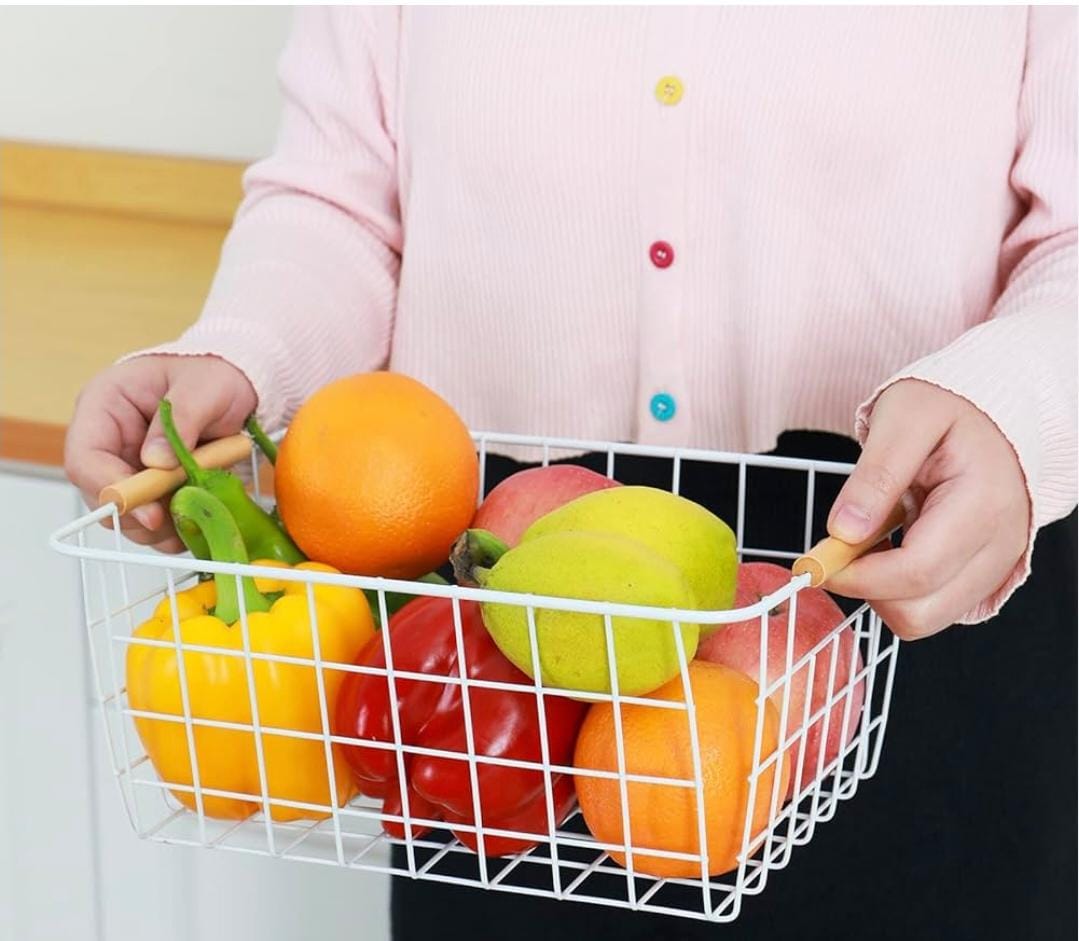 Multipurpose classy metallic mesh basket wooden handle