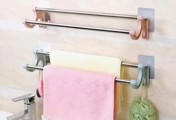 Self Adhesive Double Bath Towel Bars,Towel Holder Towel Racks for Bathroom and kitchen Lavatory, Stainless Steel Towel Hanger Wall Mount Towel Rail,Brushed Nickel 54 Cm