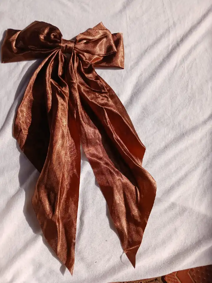 Large satin hair clip, brown hair bow, elegant hair accessories, satin ribbon clip, women’s bow clip, glossy hair bow, wedding hairpiece, stylish hair clip for girls.