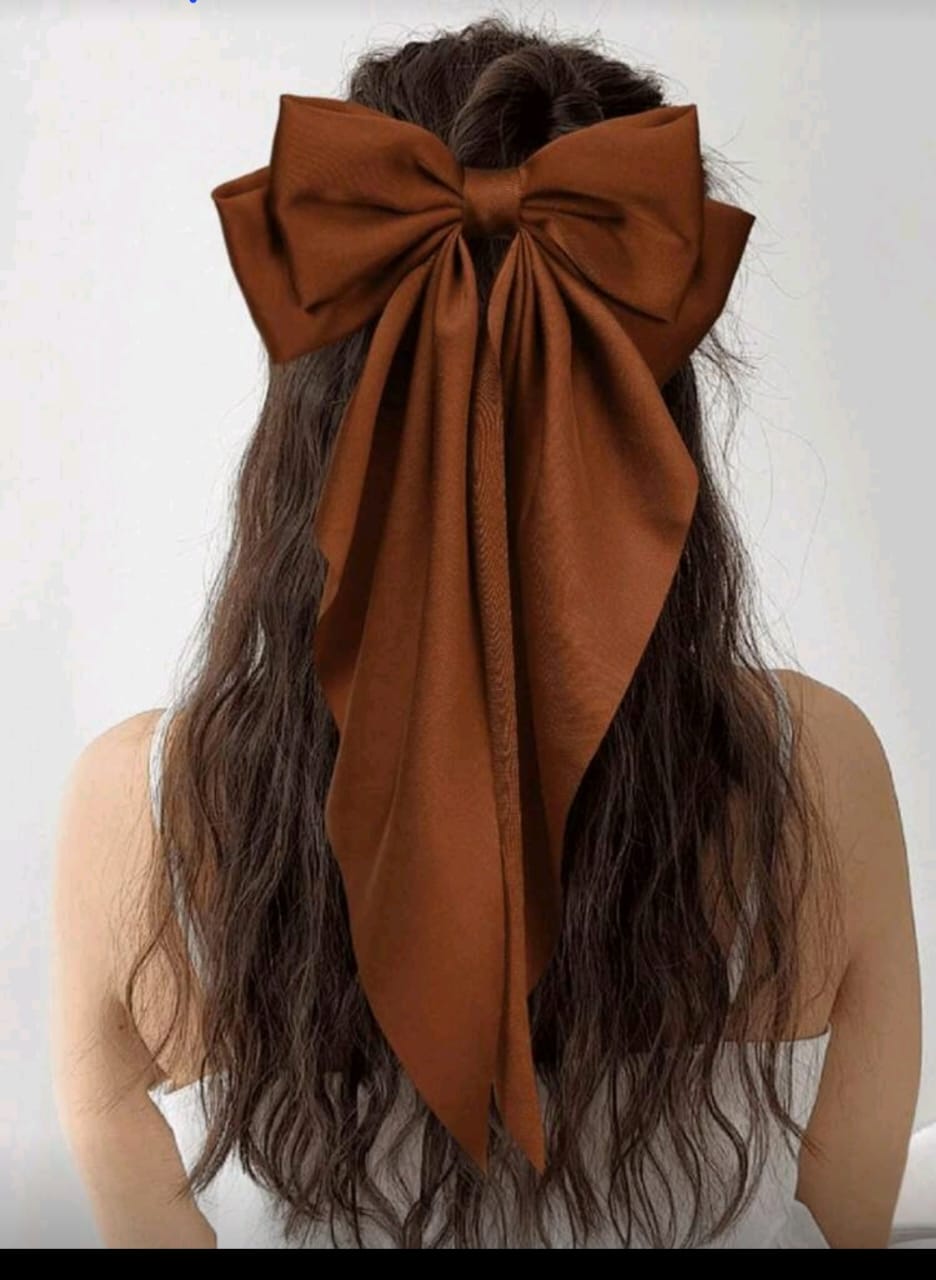 Large satin hair clip, brown hair bow, elegant hair accessories, satin ribbon clip, women’s bow clip, glossy hair bow, wedding hairpiece, stylish hair clip for girls.