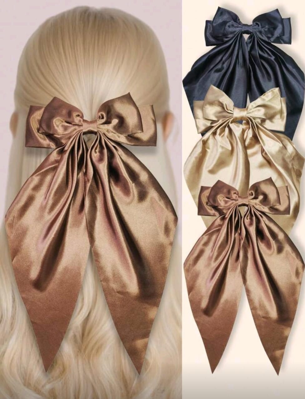 Large satin hair clip, beige hair bow, elegant women’s hair accessory, neutral hair clip, satin ribbon bow, glossy beige hair bow, wedding hairpiece, chic hair clip for girls, minimalist hair accessor