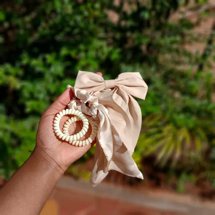 Beige Satin Long Tail ,Bow Hair Tie + 2pcs Cream Spiral Hairbands | Elegant Women’s Hair Accessory Set | Non-Slip, Soft & Stylish