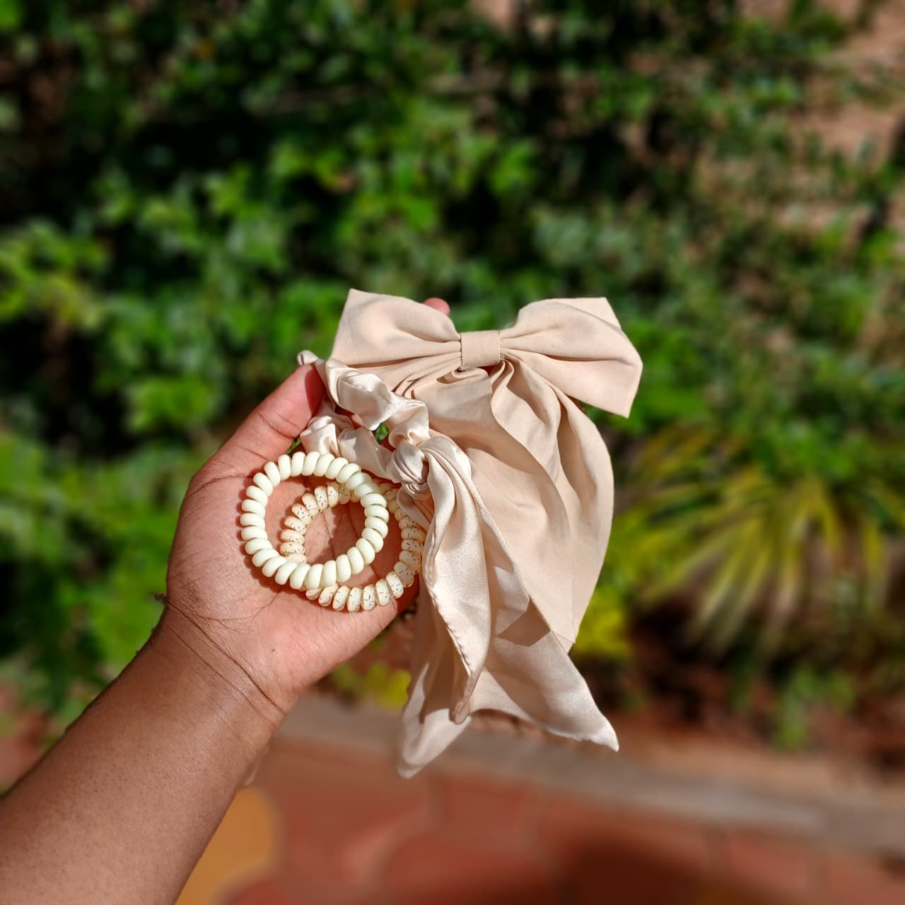 Beige Satin Long Tail ,Bow Hair Tie + 2pcs Cream Spiral Hairbands | Elegant Women’s Hair Accessory Set | Non-Slip, Soft & Stylish