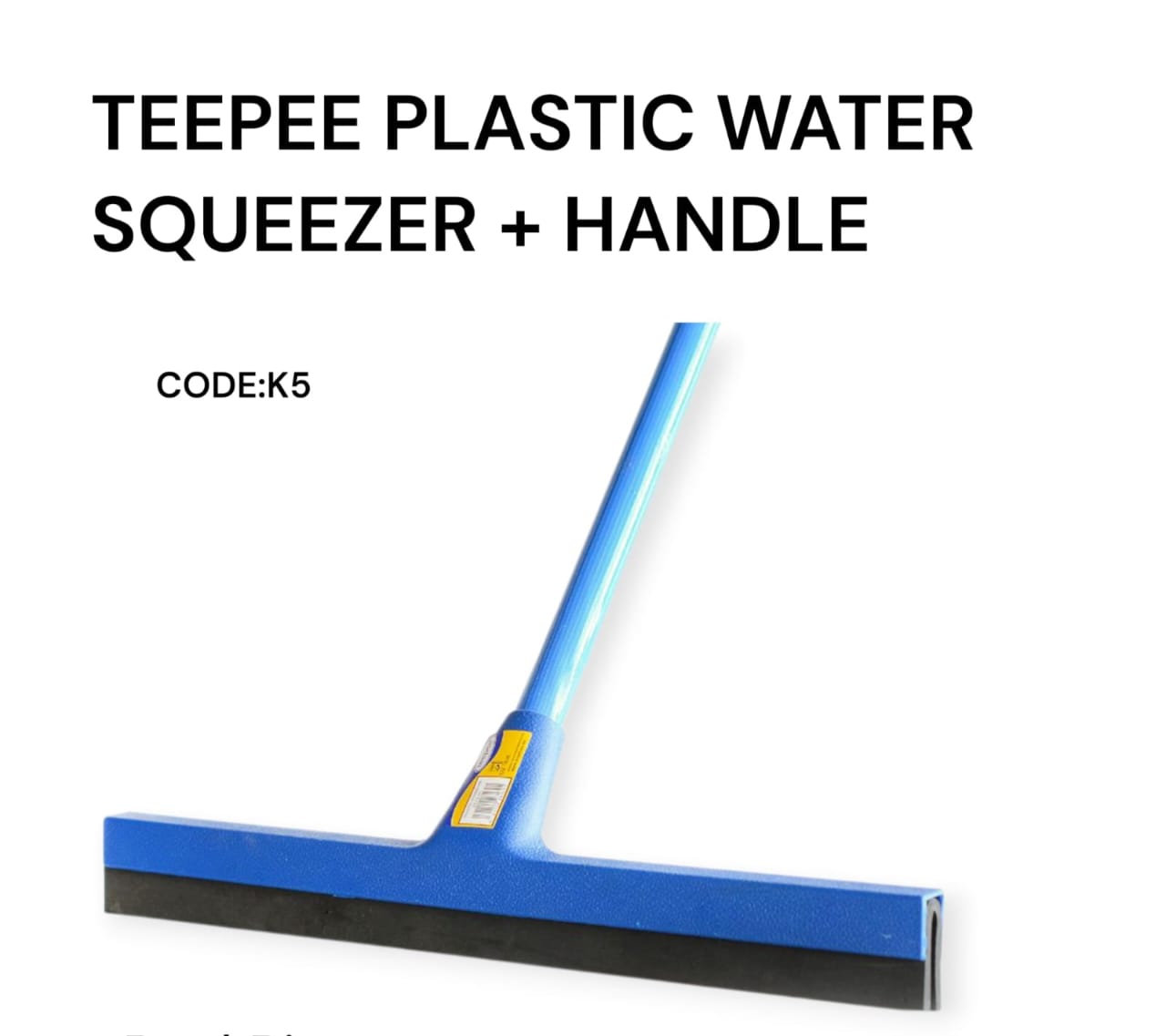 Teepee plastic water squeezer with a handle, also known as a floor squeegee. 
It is designed for moving water on floors for faster drying time. 
It can be used on various surfaces like tile, concrete,