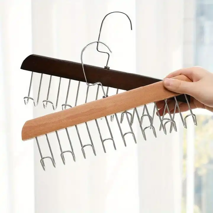 Limited Offer! Multi-Hook Wooden Tie & Belt Hanger, Premium 8-Hook Stainless Steel Organizer for Ties, Belts, Scarves and Accessories, Space-Saving Wooden Wardrobe Storage Rack