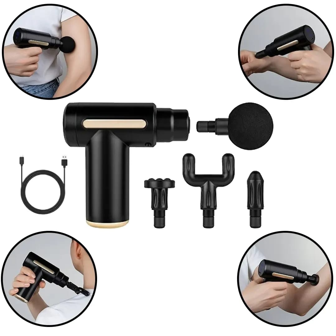 Rechargeable Percussion Massage Gun with 4 Interchangeable Heads, Deep Tissue Muscle Relaxation Massager for Body, Neck & Back