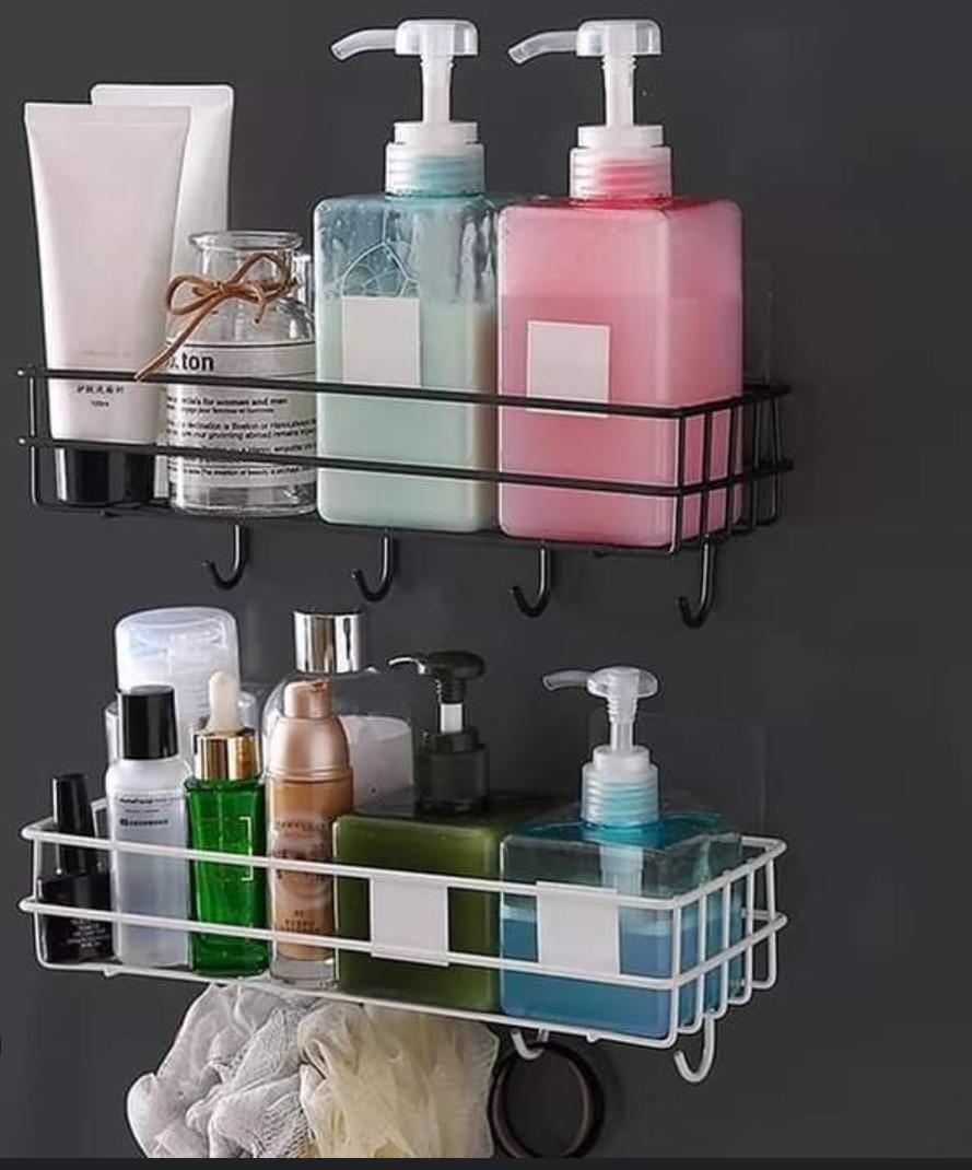 Premium Rectangular Metallic Bathroom Storage Shelf with Strong Adhesive Mounting Sticker & Hanging Hooks – Rust-Resistant, Space-Saving Organizer for Toiletries – Black & White Options