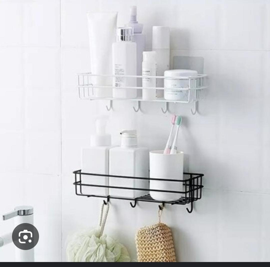 Premium Rectangular Metallic Bathroom Storage Shelf with Strong Adhesive Mounting Sticker & Hanging Hooks – Rust-Resistant, Space-Saving Organizer for Toiletries – Black & White Options