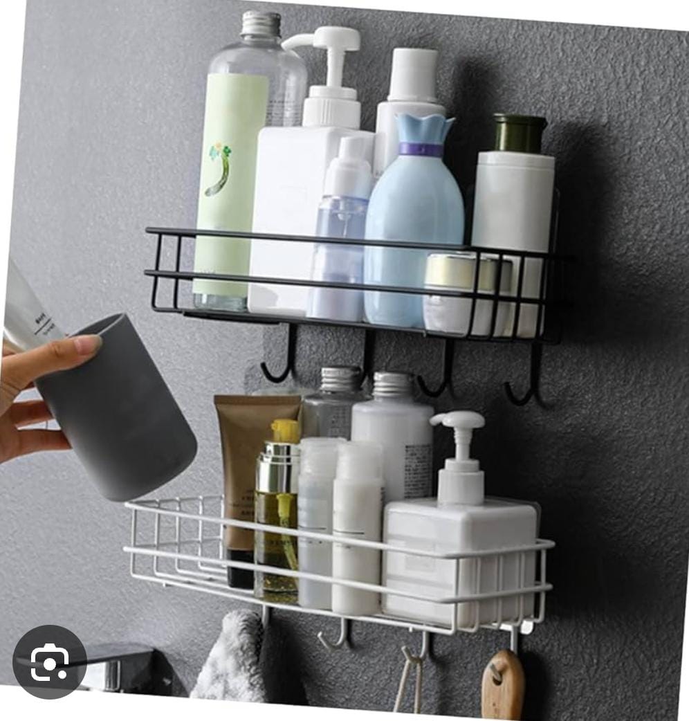 Premium Rectangular Metallic Bathroom Storage Shelf with Strong Adhesive Mounting Sticker & Hanging Hooks – Rust-Resistant, Space-Saving Organizer for Toiletries – Black & White Options