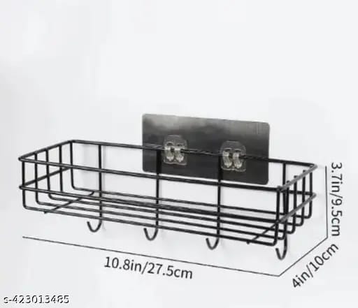 Premium Rectangular Metallic Bathroom Storage Shelf with Strong Adhesive Mounting Sticker & Hanging Hooks – Rust-Resistant, Space-Saving Organizer for Toiletries – Black & White Options