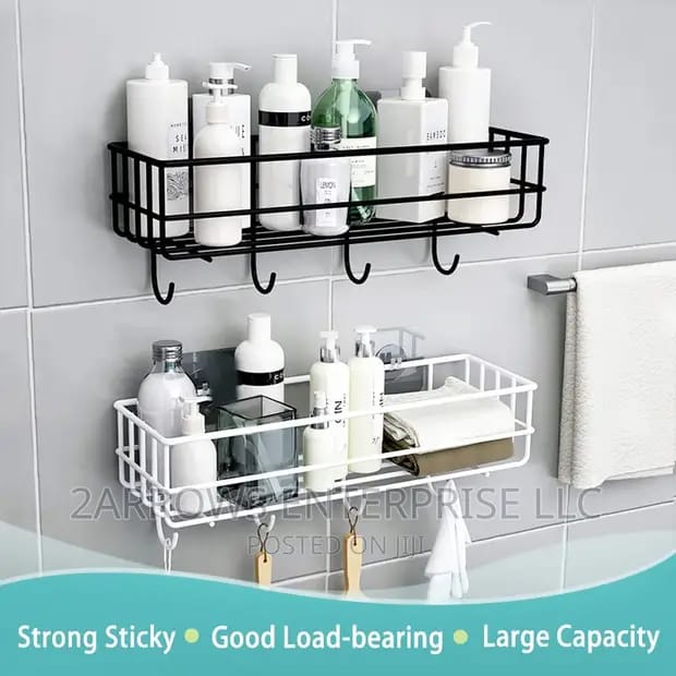 Premium Rectangular Metallic Bathroom Storage Shelf with Strong Adhesive Mounting Sticker & Hanging Hooks – Rust-Resistant, Space-Saving Organizer for Toiletries – Black & White Options