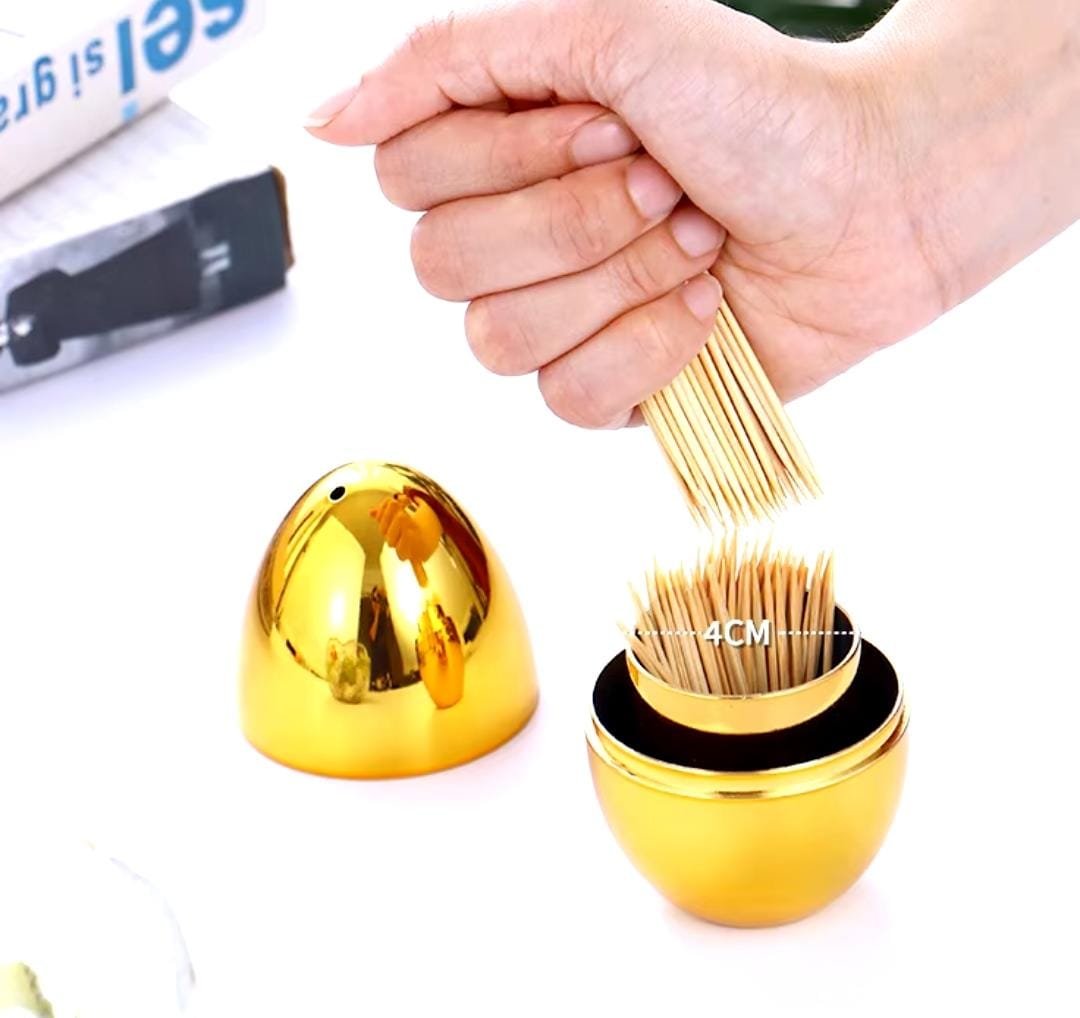Modern Gold Egg Design Toothpick Holder Box – Compact Hygienic Toothpick Dispenser for Home Dining, Restaurants, Hotels & Office Tables