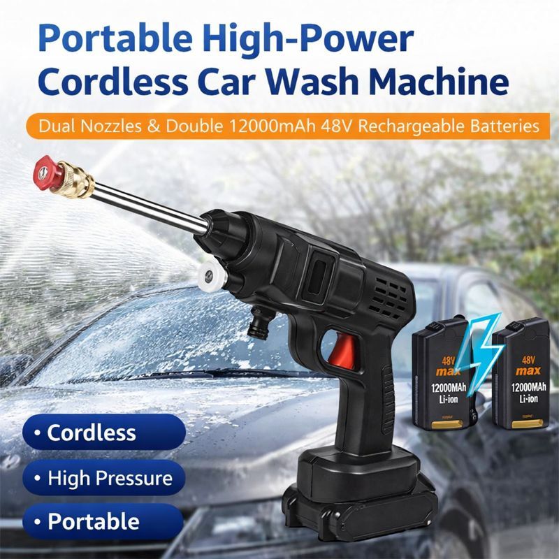 Discounted sale!! Portable High-Power Cordless Car Wash Machine with Dual Nozzles & Double 12000mAh 48V Rechargeable Batteries | Wireless Pressure Washer for Cars, Bikes & Home Cleaning