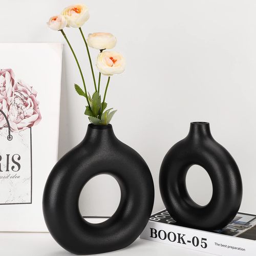 Luxury 2-in-1 Porcelain Ceramic 2-in-1 Donut Flower Vase Set – Modern Minimalist Hollow Ring Decorative Vases for Home, Office, Living Room & Table Decor