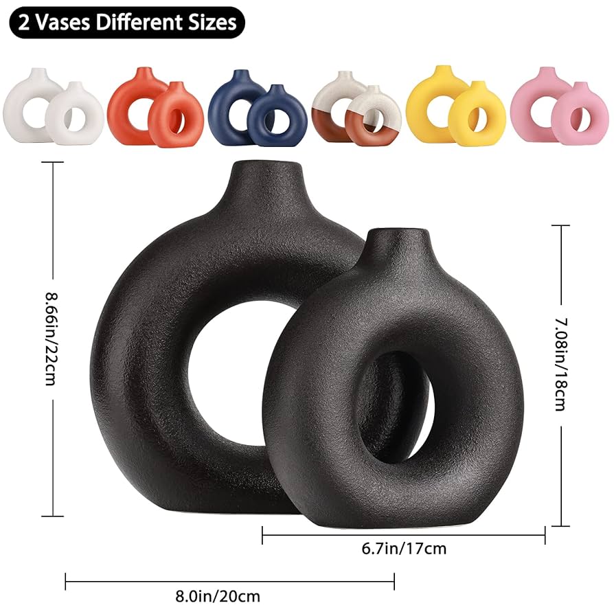 Luxury 2-in-1 Porcelain Ceramic 2-in-1 Donut Flower Vase Set – Modern Minimalist Hollow Ring Decorative Vases for Home, Office, Living Room & Table Decor