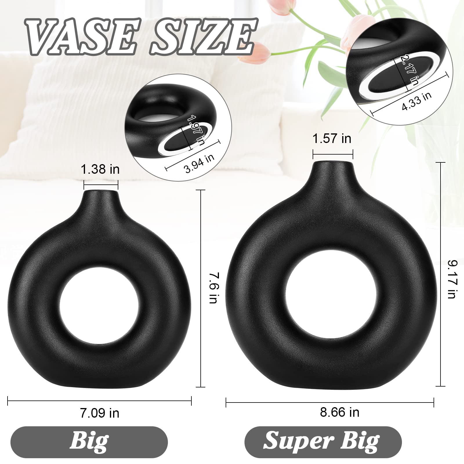Luxury 2-in-1 Porcelain Ceramic 2-in-1 Donut Flower Vase Set – Modern Minimalist Hollow Ring Decorative Vases for Home, Office, Living Room & Table Decor