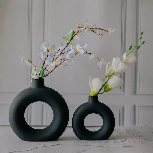 Luxury 2-in-1 Porcelain Ceramic 2-in-1 Donut Flower Vase Set – Modern Minimalist Hollow Ring Decorative Vases for Home, Office, Living Room & Table Decor