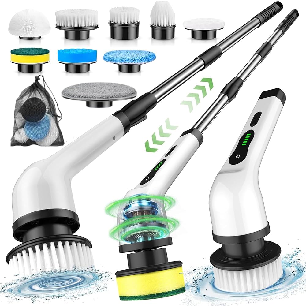 Rechargeable 9-In-1 Electric Spin Cleaning Brush with Extension Handle – Cordless Waterproof Power Scrubber for Bathroom, Tiles, Kitchen & Car Cleaning
