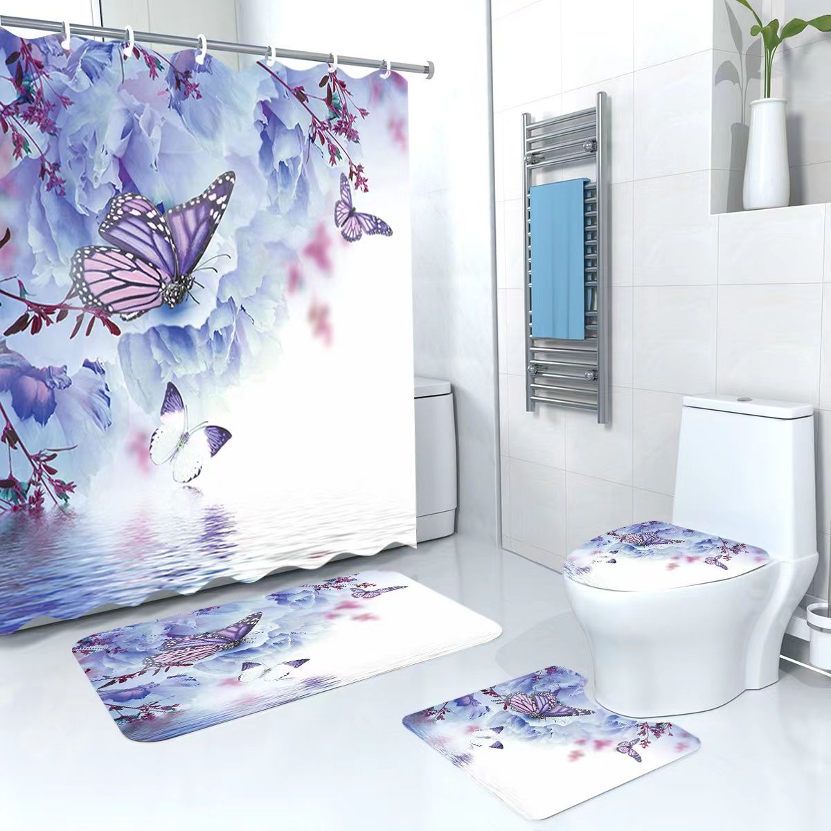 Modern Luxury 4-in-1 Bathroom Decor Set – 3D Butterfly Rugs, Anti-Skid Woolen Mats & Waterproof Shower Curtain Combo