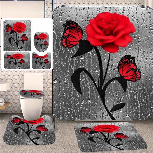 Modern Luxury 4-in-1 Bathroom Decor Set – 3D Butterfly Rugs, Anti-Skid Woolen Mats & Waterproof Shower Curtain Combo