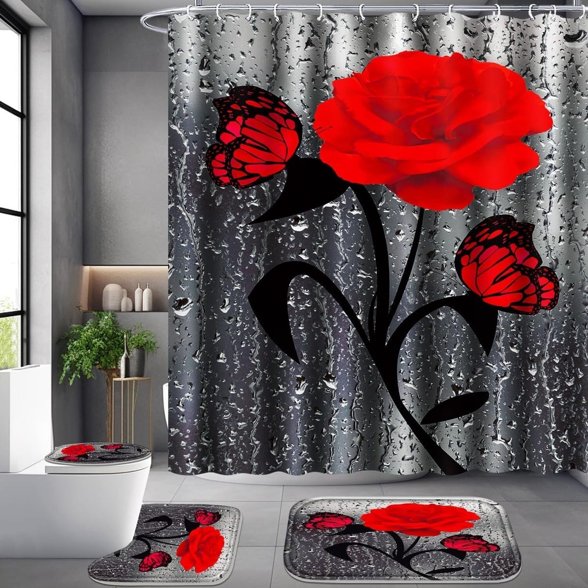 Modern Luxury 4-in-1 Bathroom Decor Set – 3D Butterfly Rugs, Anti-Skid Woolen Mats & Waterproof Shower Curtain Combo