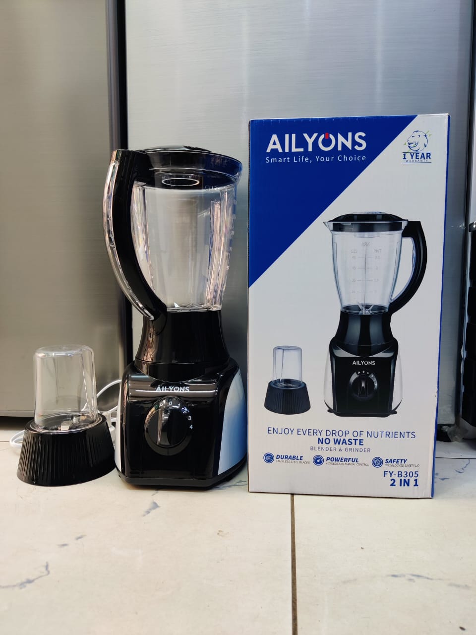 AiLyons FY-B305 2-in-1 Blender with Grinder 1.5L, 300W Powerful Motor, 4 Speed Control with Pulse, Unbreakable Jar, Stainless Steel Blades, Multi-Purpose Smoothie & Spice Grinder
