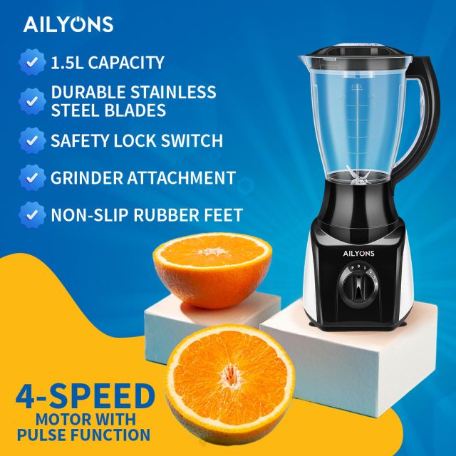 AiLyons FY-B305 2-in-1 Blender with Grinder 1.5L, 300W Powerful Motor, 4 Speed Control with Pulse, Unbreakable Jar, Stainless Steel Blades, Multi-Purpose Smoothie & Spice Grinder