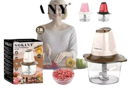 Sokany 2L Electric Food Chopper 500W Powerful Meat Grinder Blender with Stainless Steel Blades, 2 Litre Bowl, Multi-Function Vegetable Cutter, Compact Design for Home Kitchen Use