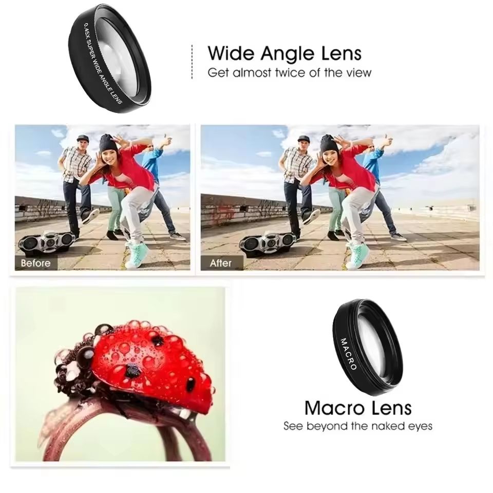 37mm Mobile Phone Lens Professional 0.45X 49uv Super Wide-Angle + Macro HD Lens For iPhone Android 2 IN 1 Lens Universal Clip