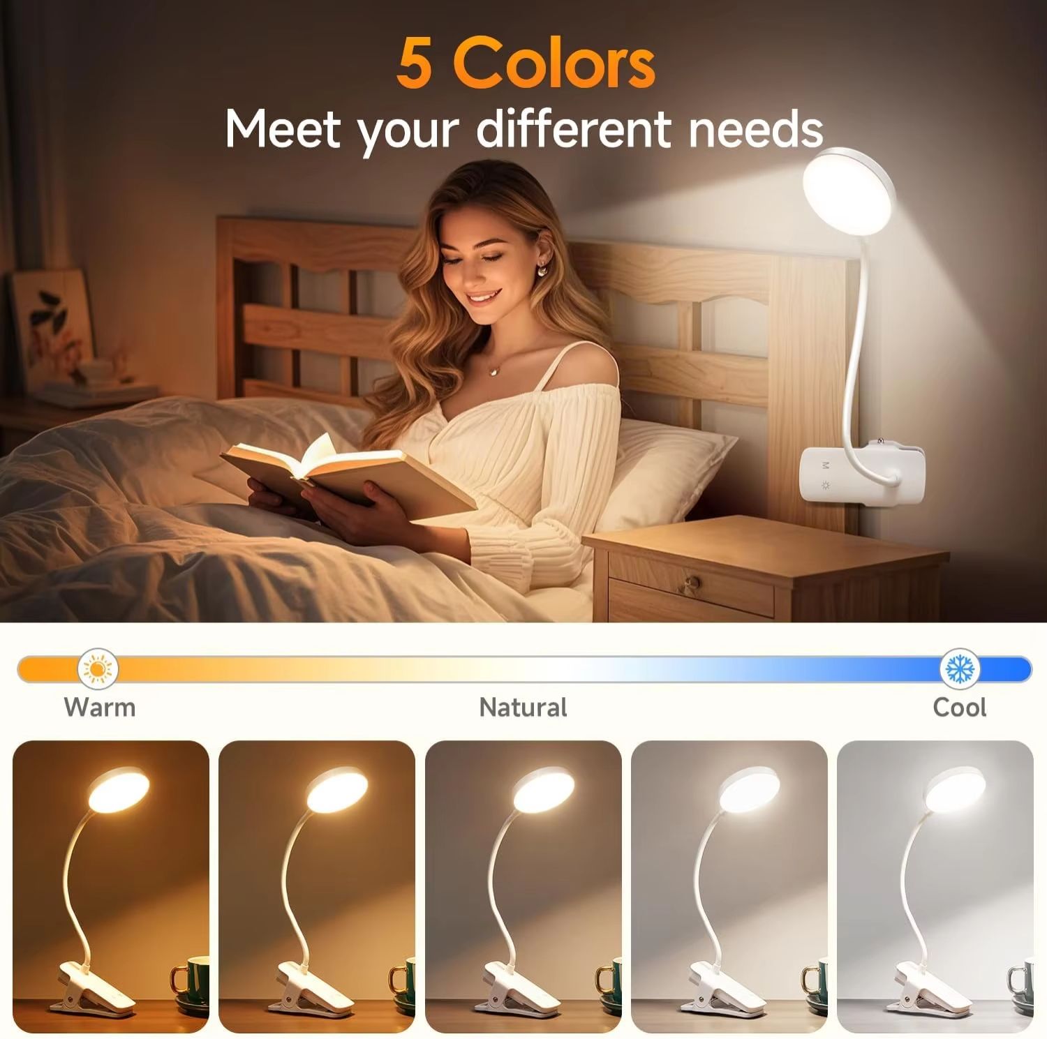 Clip on Reading Light Dimmable Book Light Reading in Bed Stepless Brightness Eye Protect Book Light Rechargeable Clip on light