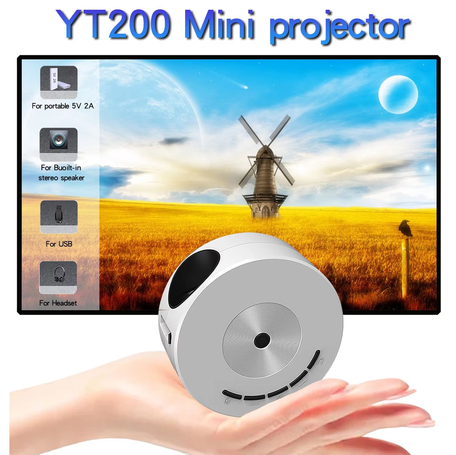 YT200 projector portable home theater small entertainment projector, can be plugged into a phone, supports 5V2A mobile power