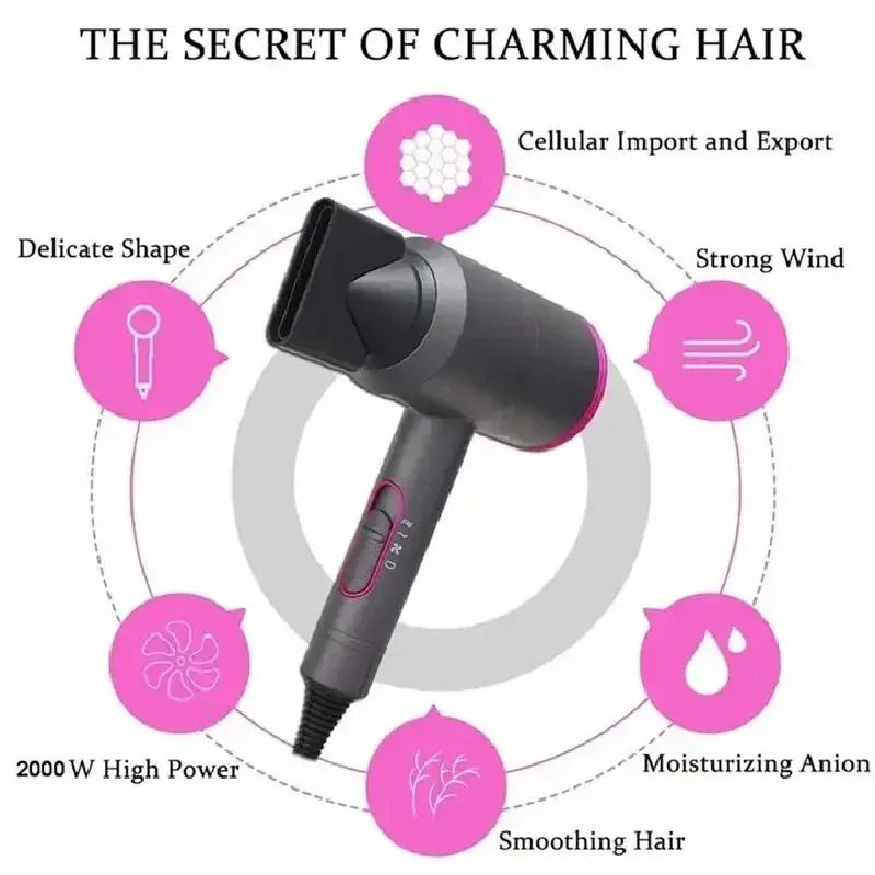 Professional Hair Dryer Strong Wind Hot Air Cold Air Ion Salon HairDryer 2000w Brush Negative Ion Blow Dryer with Diffuser