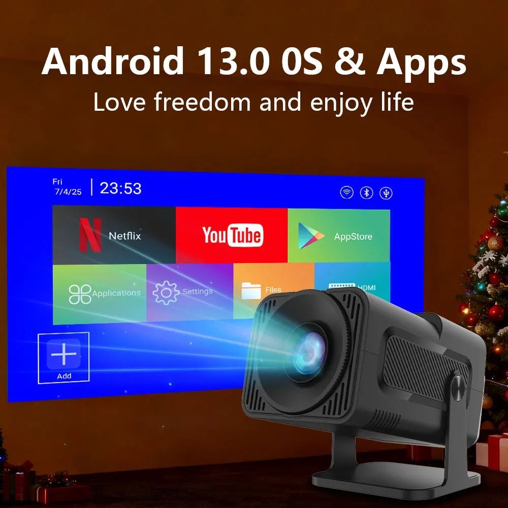 HY320 Mini Newly Native 720P Android 13 4K Projector 390ANSI Wifi6 BT5.0 Cinema Outdoor Portable 180° Rotable Projector