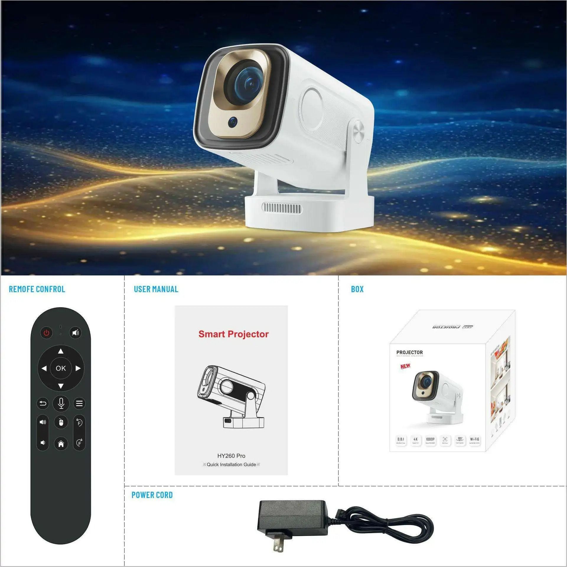 Smart Projector HY260 PRO Android 11 Native 1080P Projector Auto Focus 260ANSI Dual Wifi BT5.4 Home Outdoor with Voice Remote
