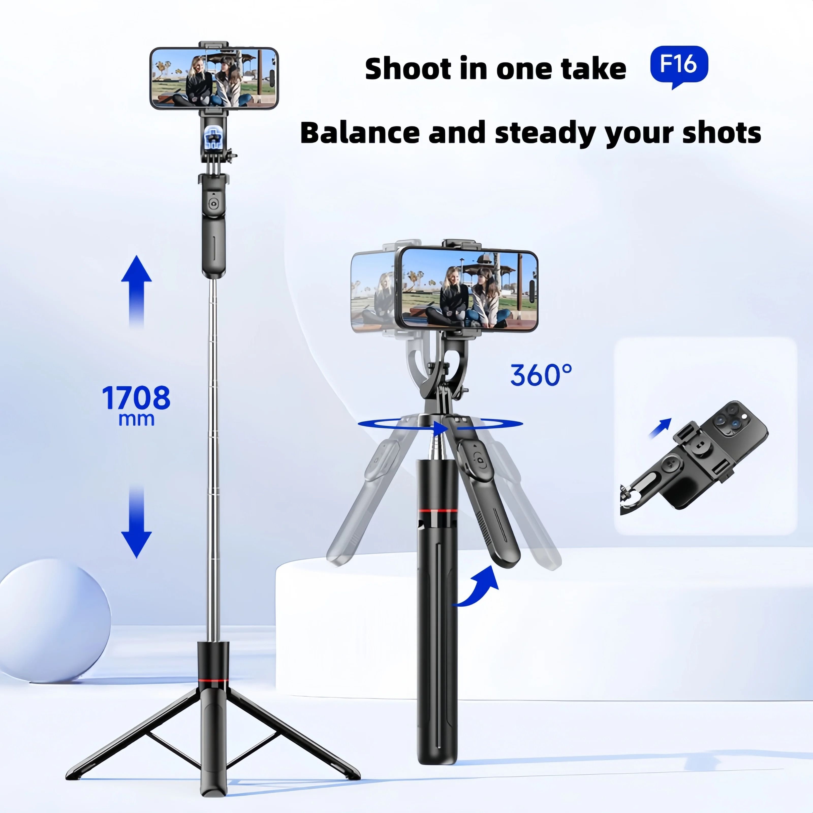 F16 Selfie Stick with Adjustable Tripod, 360° Shooting, Detachable Phone Holder, Bluetooth,1.7m Telescopic,Android/iOS