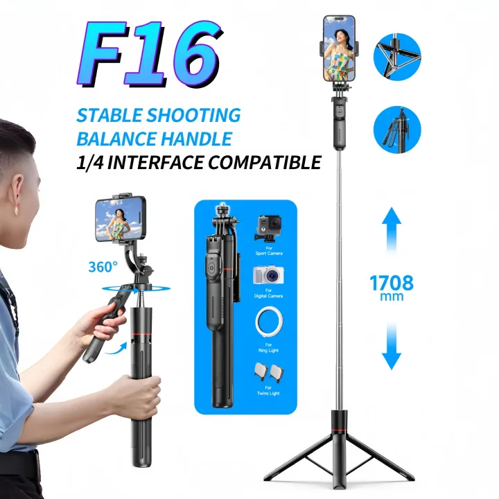 F16 Selfie Stick with Adjustable Tripod, 360° Shooting, Detachable Phone Holder, Bluetooth,1.7m Telescopic,Android/iOS