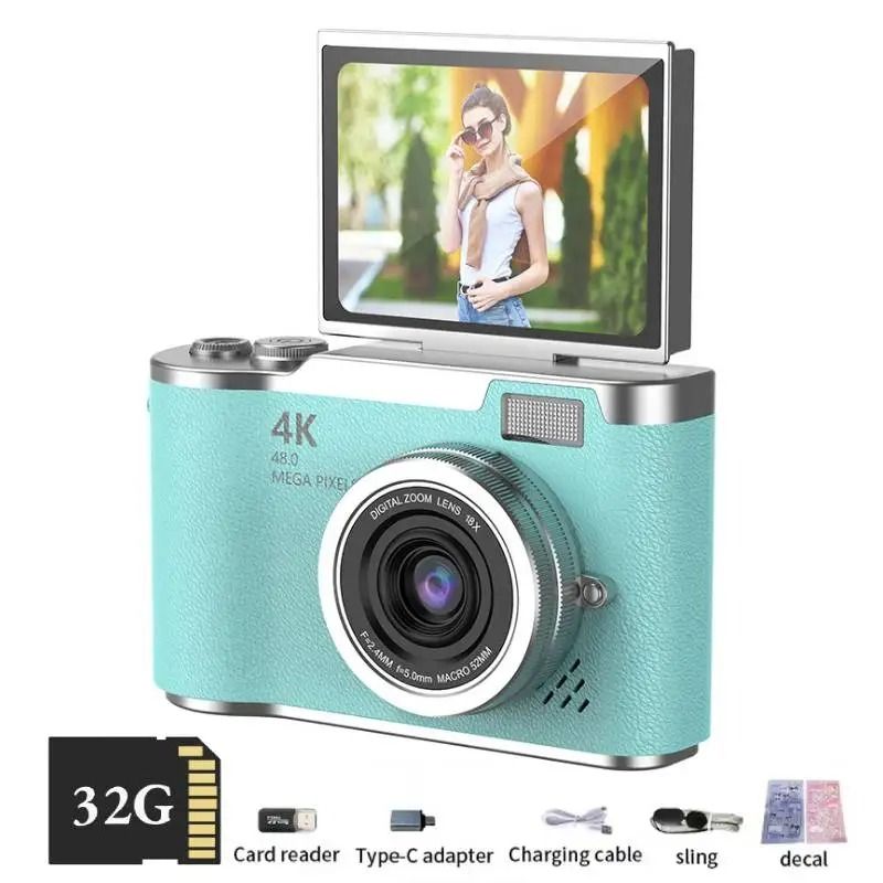 4K Digital Camera CCD 180° Flip Screen Selfie Camera 8X Digital Zoom 48MP Portable Digital Photography Camera with 32G Card