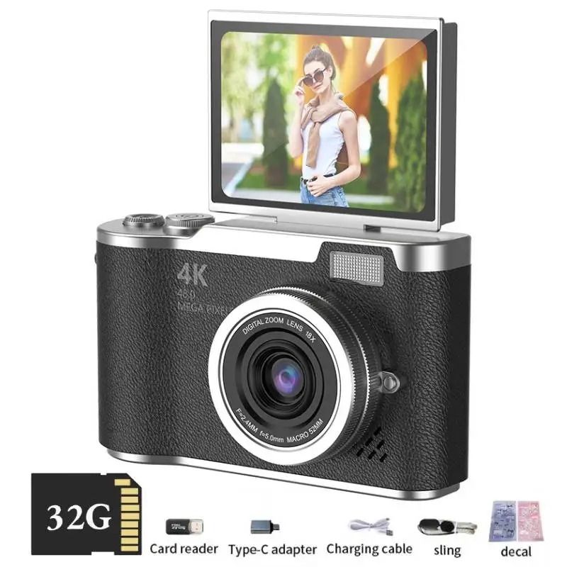 4K Digital Camera CCD 180° Flip Screen Selfie Camera 8X Digital Zoom 48MP Portable Digital Photography Camera with 32G Card