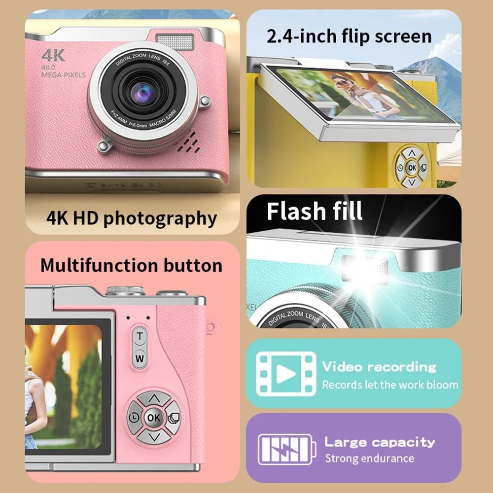 4K Digital Camera CCD 180° Flip Screen Selfie Camera 8X Digital Zoom 48MP Portable Digital Photography Camera with 32G Card