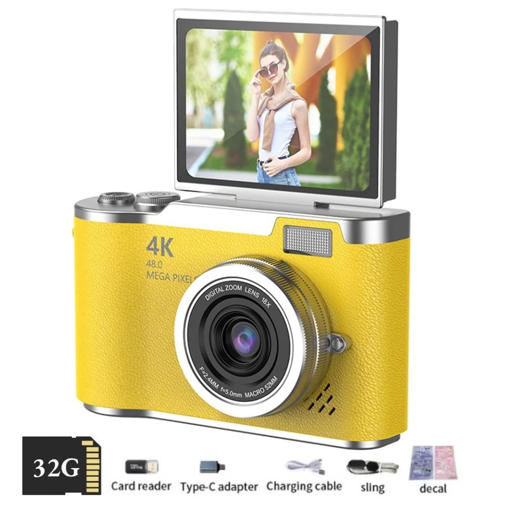 4K Digital Camera CCD 180° Flip Screen Selfie Camera 8X Digital Zoom 48MP Portable Digital Photography Camera with 32G Card